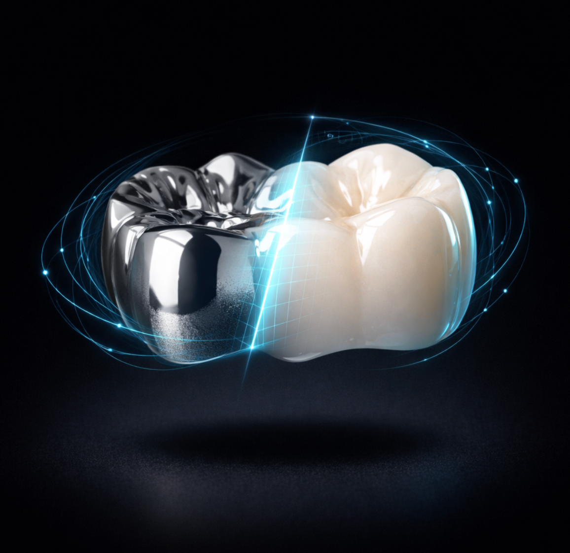 Imagen conceptual: puente de zirconio con líneas CAD sutiles flotando sobre fondo negro